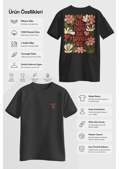 Spoyi Retro Love Tasarımlı %100 Pamuk Yarım Oversize Siyah T-shirt