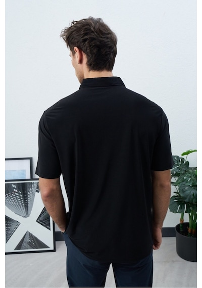 Baselco Polo Yakalı Fermuarlı Fresh Vizkon T-shirt - Tiril Tiril Esnek Siyah