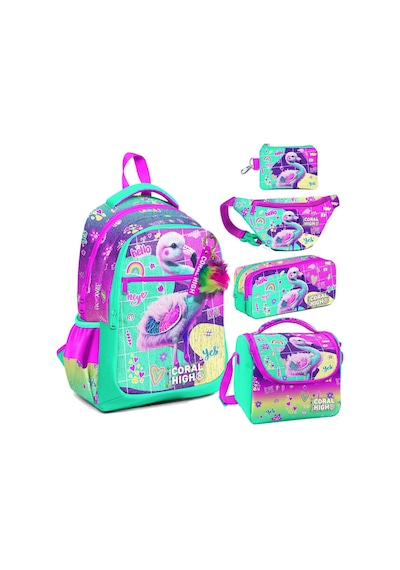 Coral High Pembe Su Yeşili Flamingo Desenli Kız Çocuk Beşli Okul Çanta Seti - İlkokul İçin Uygun Yeşil
