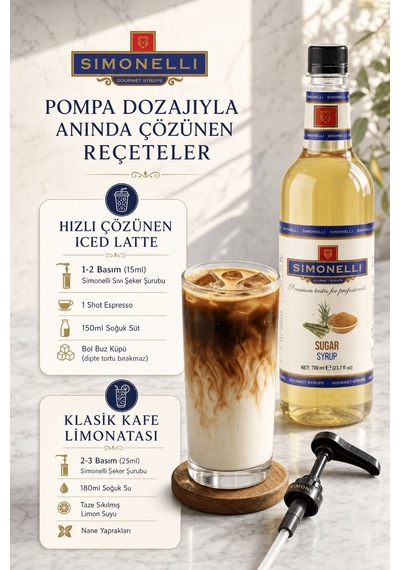 Simonelli Şeker Sade Şurup Simple Syrup Aromalı Kahve ve Kokteyl Şurubu 700 ML + Pompa