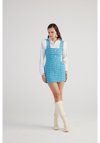 Holly Lolly Metal Düğme Detaylı Mini Tüvit Tweed Elbise Mavi
