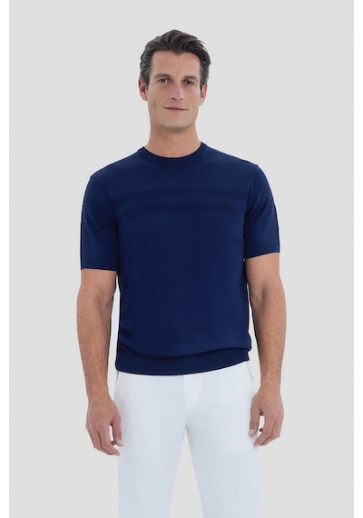 Sabri Özel Erkek Lacivert Dar Kesim Slim Fit Viskon Jakarlı Triko Bisiklet Yaka Tişört