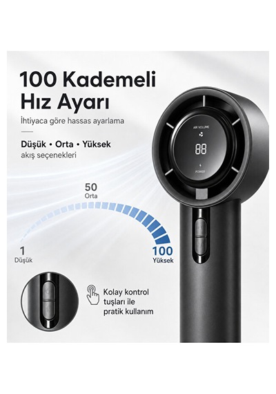 100 Kademeli Dijital Göstergeli Şarjlı El Fanı Taşınabilir Yüksek Hızlı Mini Vantilatör Siyah