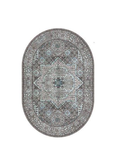 Frenda Home Vintage Desen Pamuk Taban Baskılı Yıkanabilir Oval Gri Halı