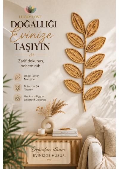 Rattan Yaprak Duvar Dekoru 90x35 Cm Doğal Görünümlü Bohem Hasır Duvar Süsü 1