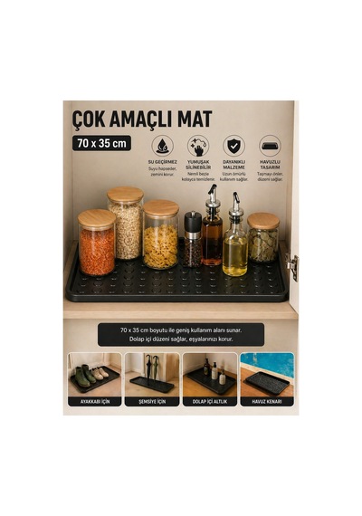 Çok Amaçlı Havuzlu Mat 70x35 Cm Ayakkabı Tepsisi Şemsiye Altlığı Dolap İçi Organizer Su Geçirmez Siyah