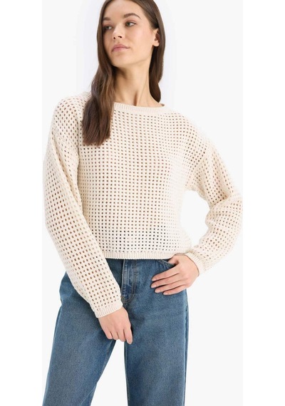 DeFacto 	Regular Fit Bisiklet Yaka Kroşe Triko Kazak T4513AZ25SPER223 Ekru