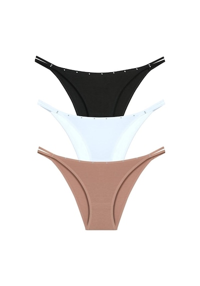 New Lilla 1025 Çift Ip-Taş Detaylı Bikini Külot Paketi (555344058)-Siyah,Beyaz,Kapiçino-Standart Çok Renkli