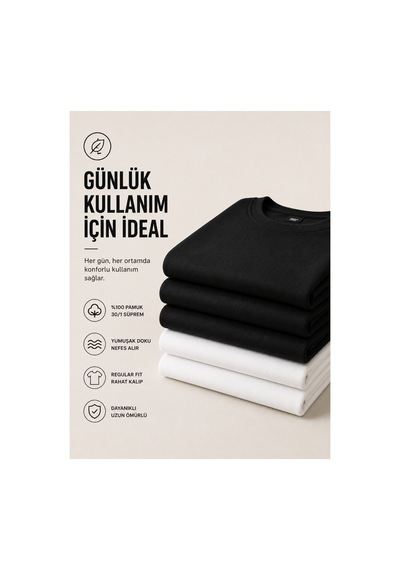 Masion Rae Erkek 5'li Basic Tişört Seti Regular Fit Bisiklet Yaka %100 Pamuk 30/1 Süprem Siyah-siyah-siyah-beyaz-beyaz