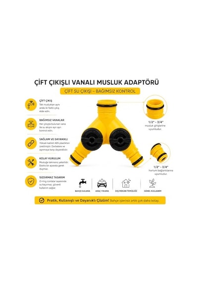 Çift Çıkışlı Vanalı Musluk Adaptörü 1/2" - 3/4" Bahçe Hortumu Y Bağlantı Aparatı Bağımsız Su Kontrolü