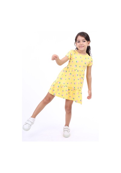 Toontoy Kız Çocuk Bisiklet Yaka Komple Çilek Baskılı Elbise Koyu Sarı