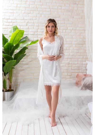 Gallipoli Gelin Set Saten Mini Askılı Gecelik Ve String Takım Ekru Mgp32172
