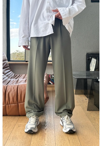Flaw Çift Pileli Kumaş Pantolon Haki-28071 Haki