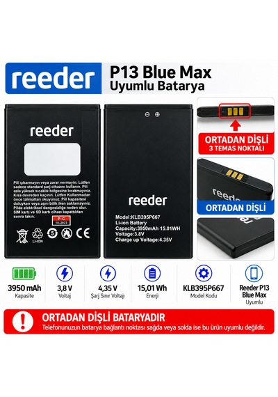 Reeder P13 Blue Max Uyumlu 3950 Mah Batarya Ortadan Dişli