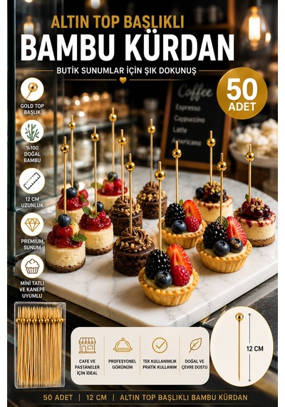 50 Li Altın Top Başlıklı 12 Cm Bambu Kürdan Seti Kokteyl, Tatlı Ve Davet Sunumları İçin Şık Seçim