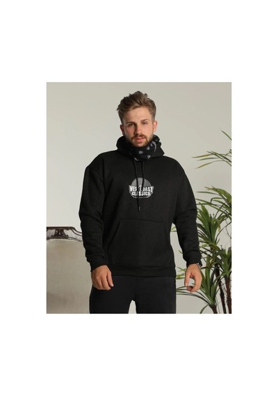 Erkek Kapüşonlu Kanguru Cepli Sweatshirt 3 İplik Pamuklu Baskılı Hoodie - Siyah