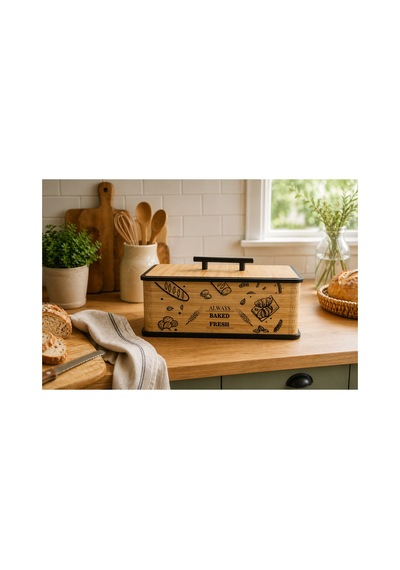 Always Baked Fresh Yazılı Ahşap Ekmeklik Kapaklı Modern Ekmek Saklama Kutusu , Ekmek Sepeti Kahverengi
