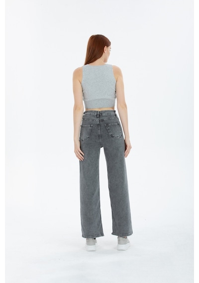 90's Kar Yıkama Kar Gri Likralı Süper Yüksek Bel Wide Leg Salaş Jeans Palazzo Pantolon Gri