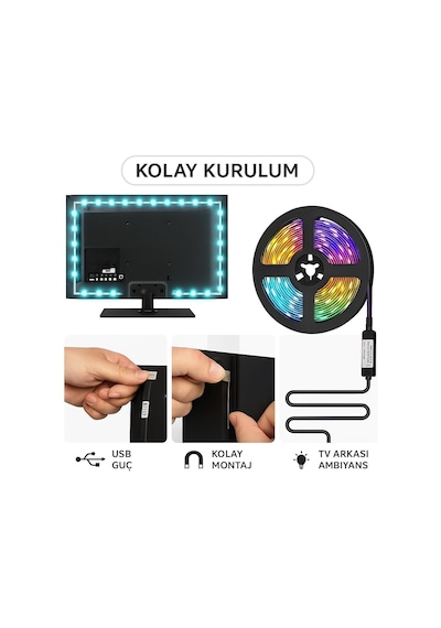 Monitör Ve Tv Arkası 3 Metre Rgb Şerit Led Seti - Cata Usb Bağlantılı, Uzaktan Kumandalı, 352 Renk Seçenekli Amb Çok Renkli