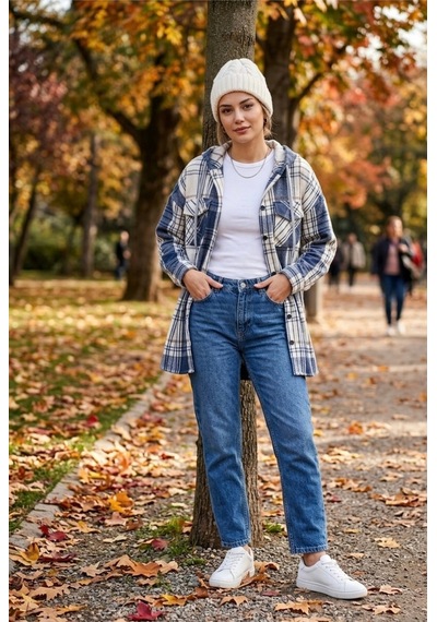 Polologin Butik Kapüşonlu Ekose Oduncu Gömlek Ceket - Mavi/ekru Mavi