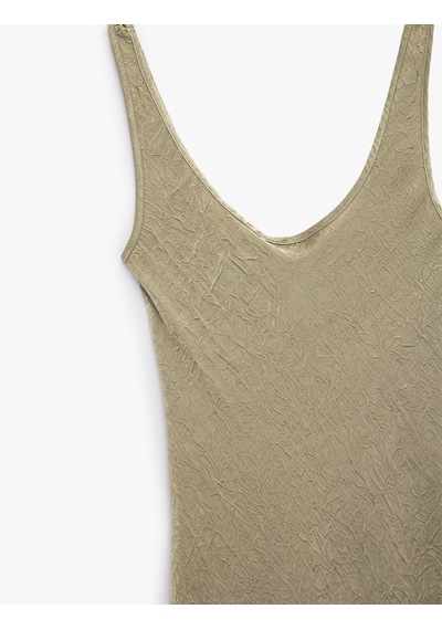 Koton Slim Fit U Yaka Kalın Askılı Kloş Midi Boy Dokulu Saten Kloş Elbise Haki 7wak80023uw