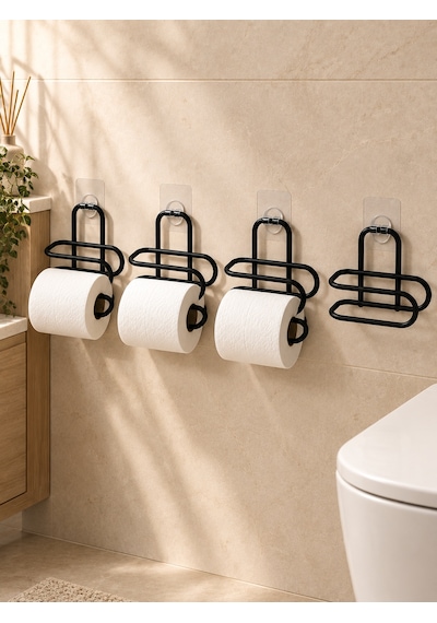 Siyah 4 Adet Metal Tuvalet Kağıdı Tutucu Kendinden Yapışkanlı Delmeden Montaj Banyo Askısı Şeffaf