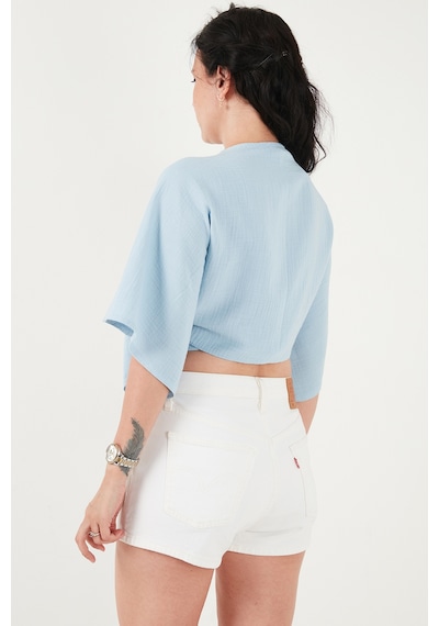Lela Pamuklu Comfort Fit Bağlamalı Yarasa Kol Bolero Kadın Bolero 5866354 Mavi