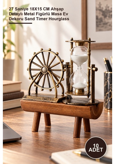 10 Adet Dekoratif Dönme Dolap Biblolu Kum Saati 27 Saniye 18x15 Cm Ahşap Detaylı Metal Figürlü Masa Ev Dekoru Sand Timer Hourglass 1