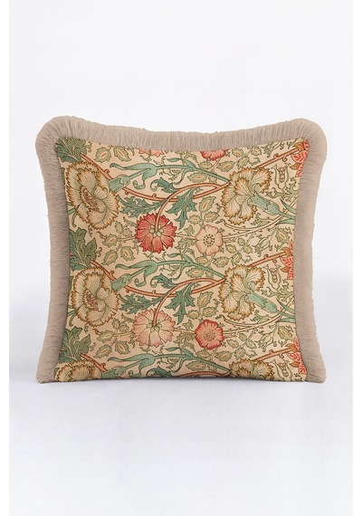Vintage Çiçek Motifli Saçaklı Yastık Kılıfı - Sanatsal Bohem Bej Yeşil Püsküllü Kırlent Kılıfı Taş Arduvaz Gri