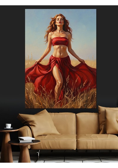 Kırmızı Elbiseli Seksi Pin-up Dekoratif Kanvas - Mdf Ahşap Tablo