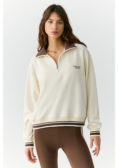 Urban Beat Natan Kadın Dik Yakalı Fermuarlı Baskı Detaylı Relaxed Ekru Sweatshirt Ekru