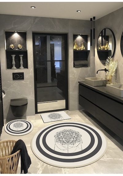 Madalyon, Dokuma Taban, Yuvarlak Banyo Halısı 100x100-60x60-40x60 Krem - Gri