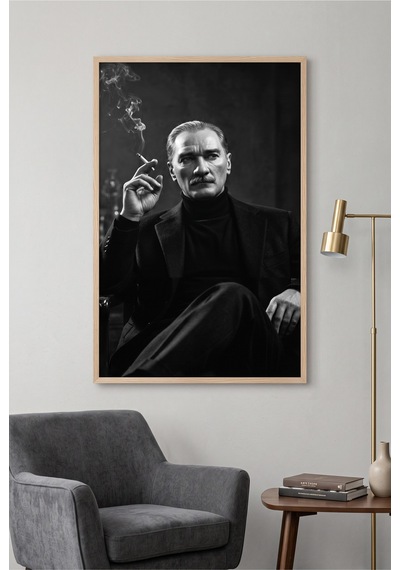 Doğal Ahşap Çerçeveli Siyah Beyaz Portre Atatürk Duvar Tablosu Tekli Set Klasik Portre Desenli Modern Dekorasyon Kabartma Görünümlüdür Bej - 925628138 Bej
