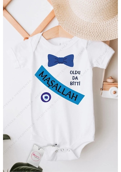 Hediyenza Maşallah Papyon Sünnet Özel Tasarım Bebek Zıbın Pamuklu Çıtçıtlı Body Mavi Beyaz