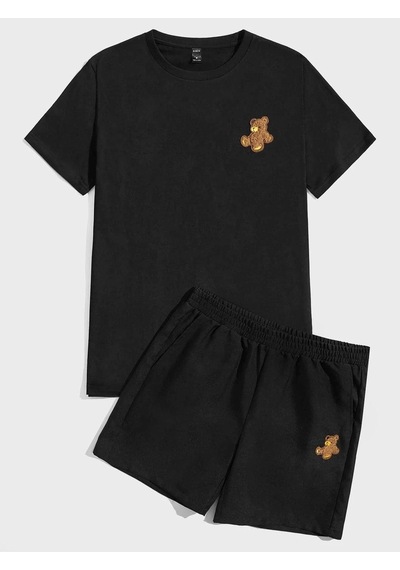 Siyah Şort Siyah Tişört Takım Ayıcık Baskılı Oversize Unisex Siyah-276396