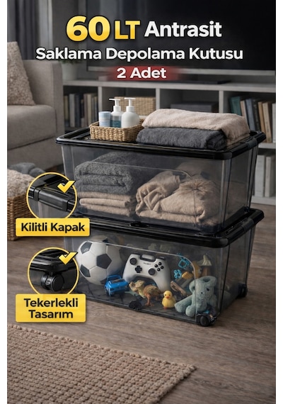 2 Adet 60 Litre Saklama Düzenleme Kutusu Siyah