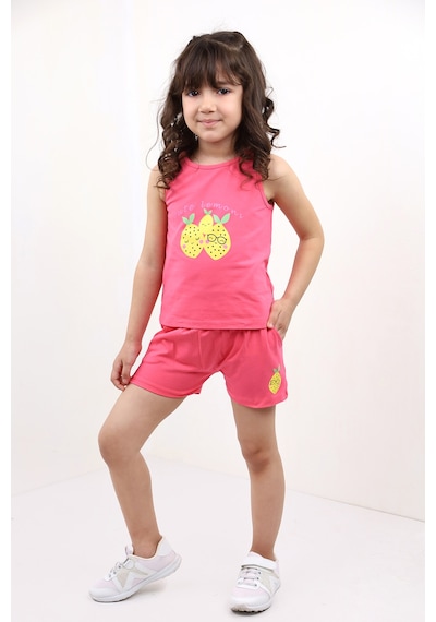 Toontoy Kids Toontoy Kız Bebek 2'li Takım Baskılı Bisiklet Yaka T-shirt & Beli Lastikli Cepli Şort Fuşya
