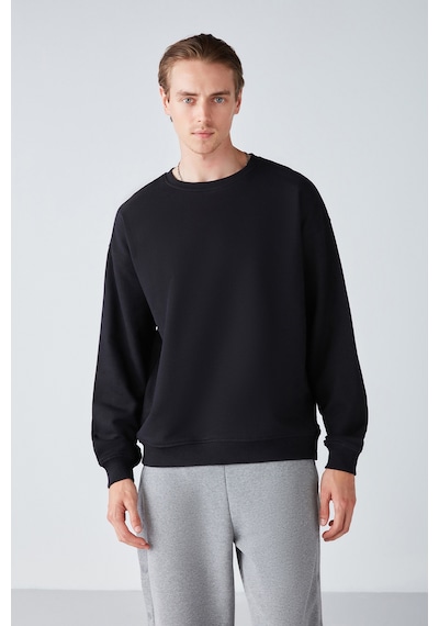 Grimelange Stephan  Erkek Yumuşacık Kışlık Kumaşlı 3 Iplik Organik Pamuk Örme Oversize Siyah Sweatshirt