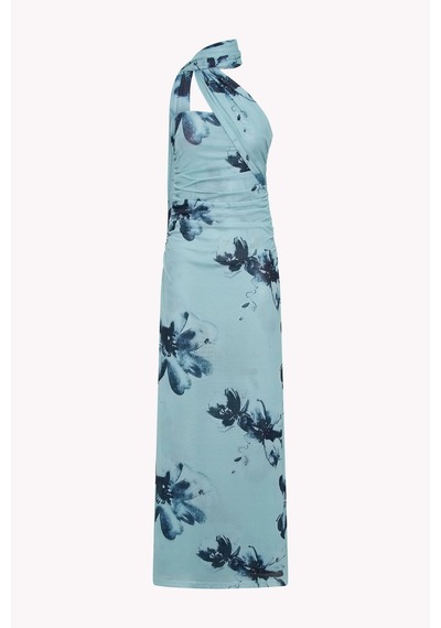 Hiccup Straplez Desenli Bodycon Maxi Tül Elbise Mavi