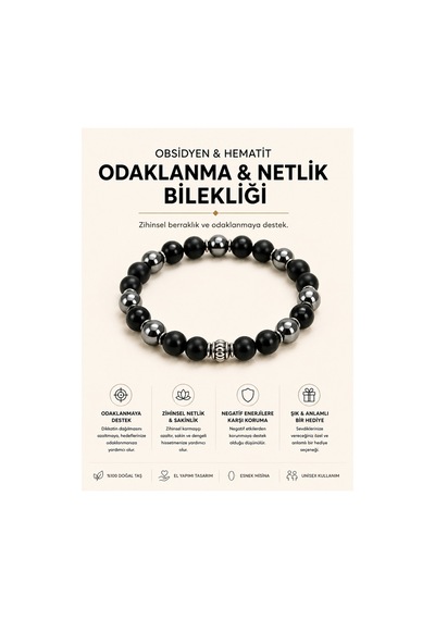 Leyan Doğaltaş Obsidyen Hematit Doğal Taş Bileklik 8 Mm Unisex El Yapımı Siyah Siyah