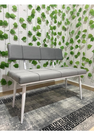 Özcan Metal Beyaz Metal Ayaklı Sırtlı Gri Mutfak Salon Antre Yatak Odası Puf Bank Oturak Bench Gri