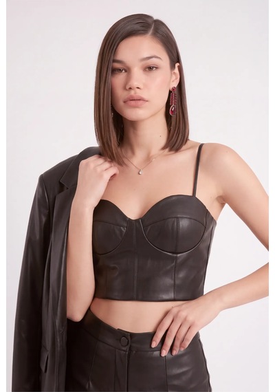 Cemo Deri İnce Askılı Büstiyer Crop Top Siyah