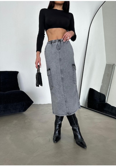 Zeo Basic Kargo Cepli Bel Lastikli Maxi Denim Etek Füme Füme Kar