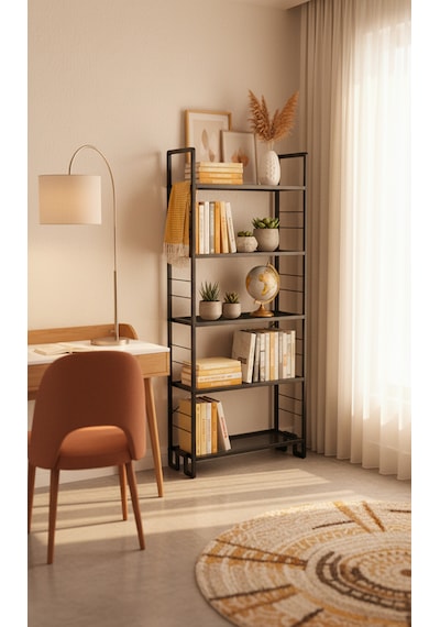 Dekoratif Siyah Metal Kitaplık 5 Raflı Çok Amaçlı Stand Salon Ve Çalışma Odası Düzenleyici Siyah