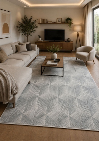 Kaymaz Taban Yıkanabilir Yumuşak Dokulu Modern Geometrik Gri Salon Halısı