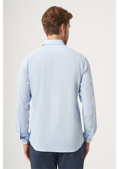 İmza Mavi Biritli Yaka Uzun Kol Cepsiz Slim Fit Pamuklu Gömlek 1004260207 Koyu Mavi