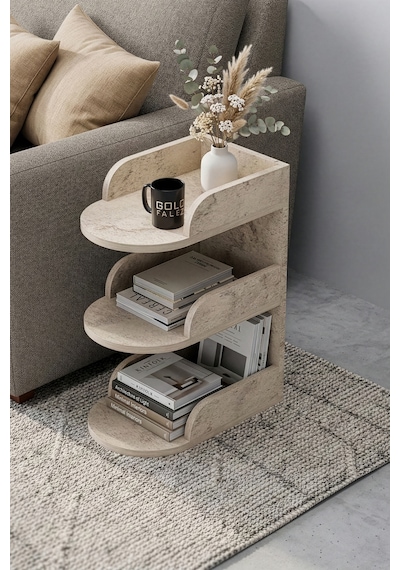 Yan Sehpa Modern 3 Katlı Kitaplıklı Çok Amaçlı Dekoratif Sehpa Minimal Tasarım 6103 Traverten Çok Renkli