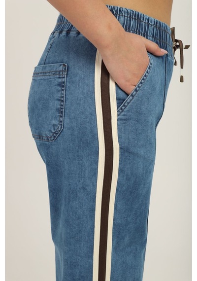 Zanessi Fashıon Büyük Beden Denim Spor Şerit Detaylı Bol Paça Kadın Pantolon Mavi
