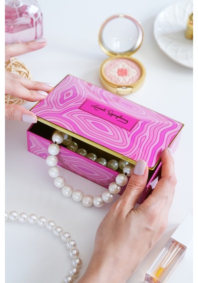 Premium Pembe Dalga Desen Dekoratif Organizer Kutu Takı, Makyaj, Dikiş Ve Aksesuar Saklama Kutusu 160x102x50 Mm
