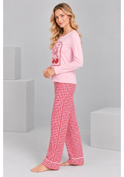 Pijamask Kadın Pembe Kiraz Baskılı Kırmızı Ekose Bol Paça Pamuklu Pijama Takımı Pudra
